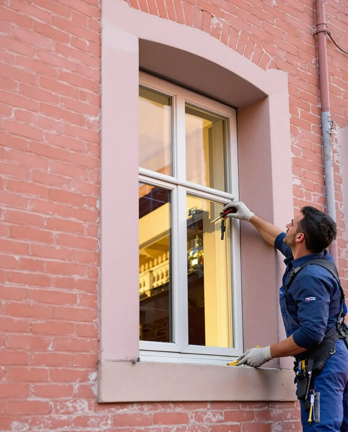 Technicien travaillant sur un châssis blanc d'une façade en briques