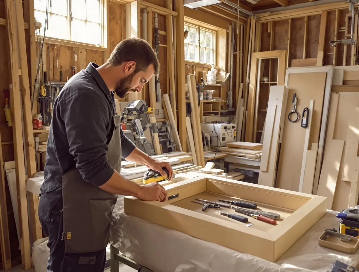 Menuisier travaillant un cadre en bois dans son atelier