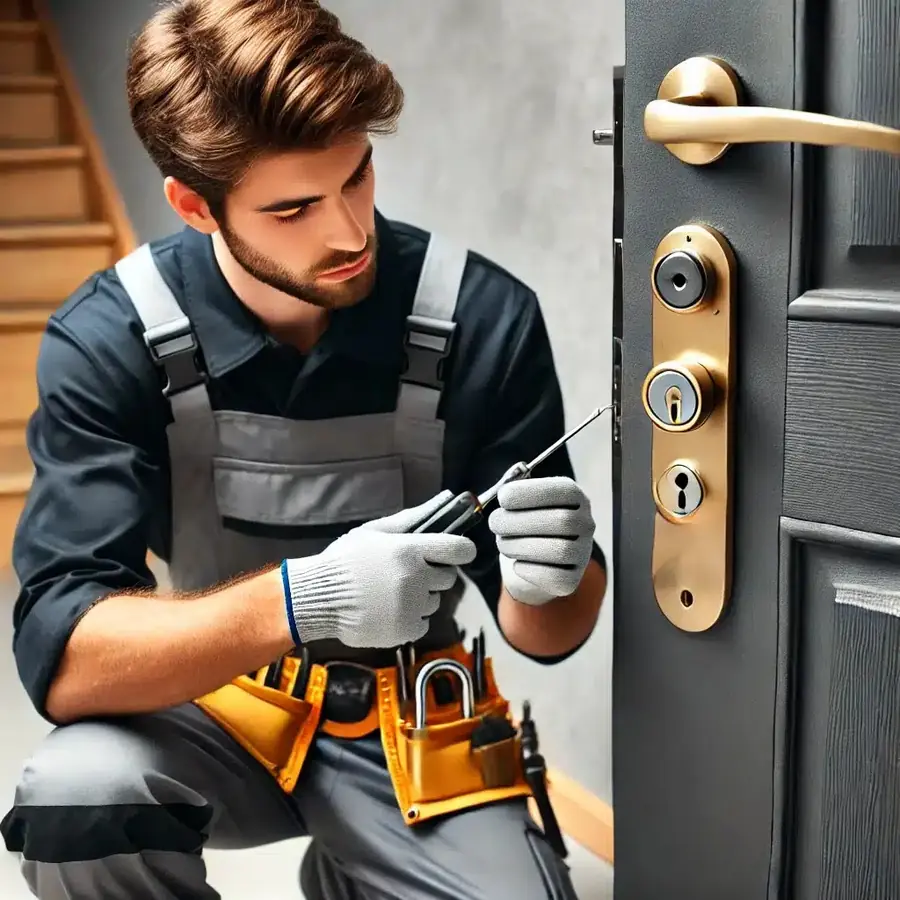 Technicien réglant la serrure d'une menuiserie