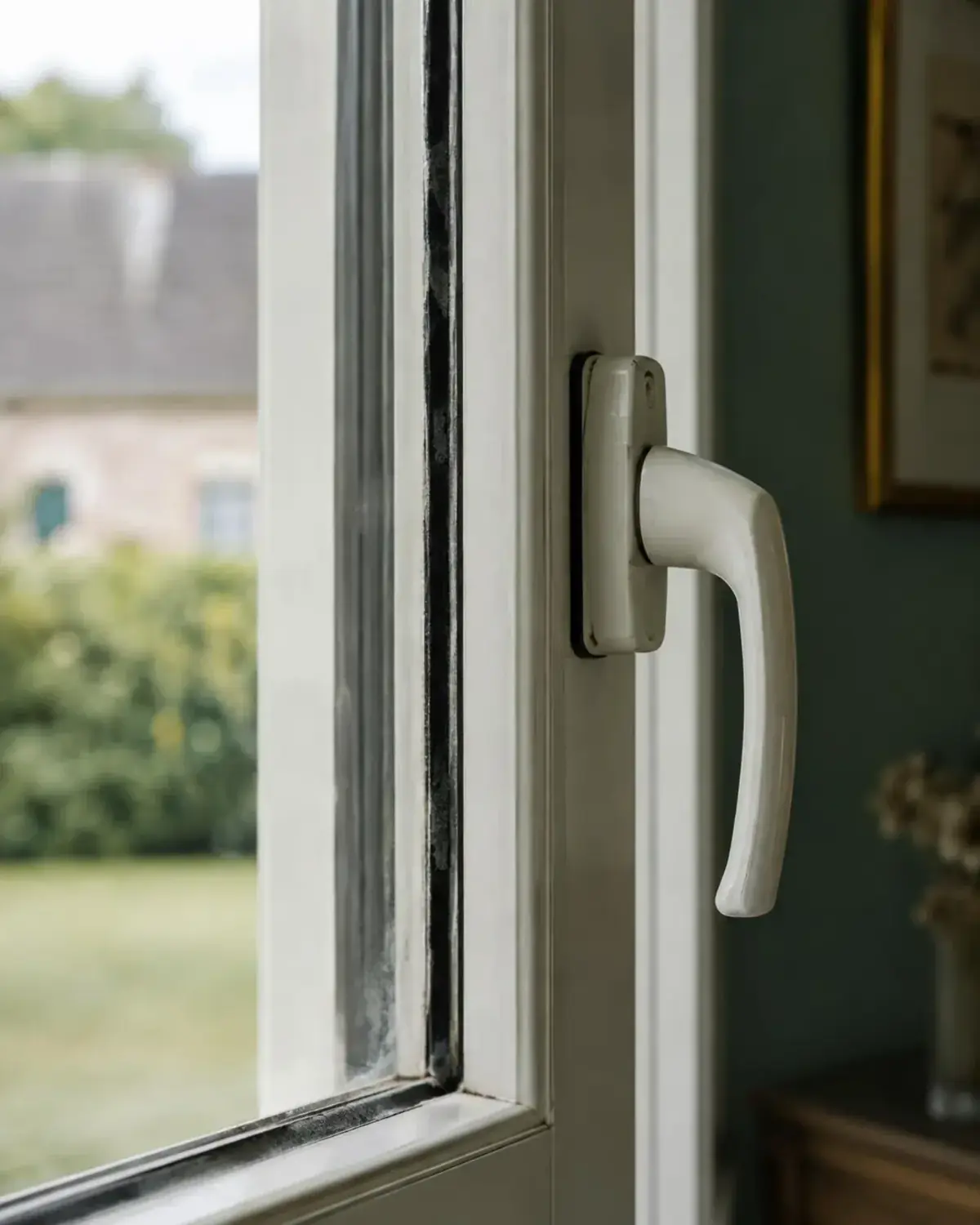 Poignée d'un châssis blanc entrouvert