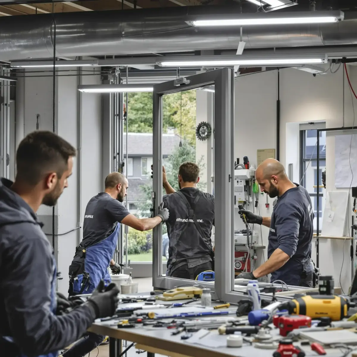 Techniciens assemblant des châssis en atelier
